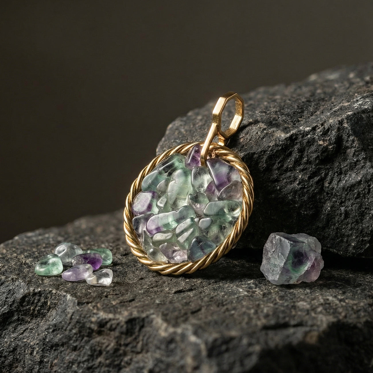 Amulet tensorowy z Fluorytem – Mosiądz pozłacany