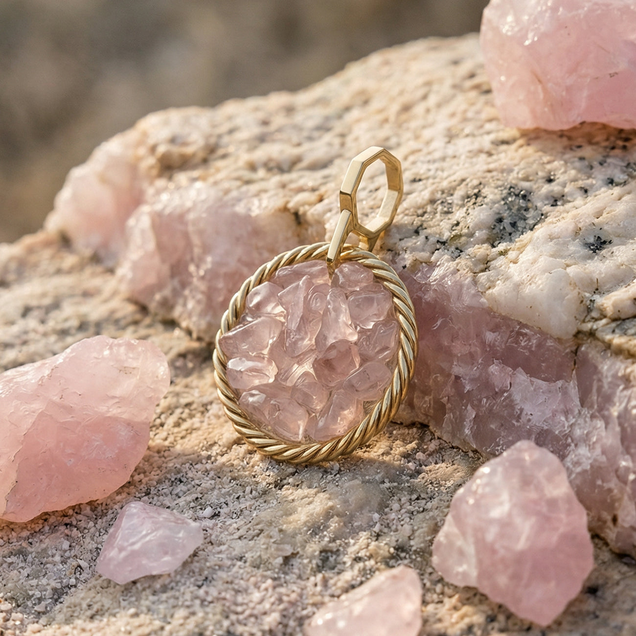 Amulet tensorowy z Kwarcem Różowym – Mosiądz pozłacany