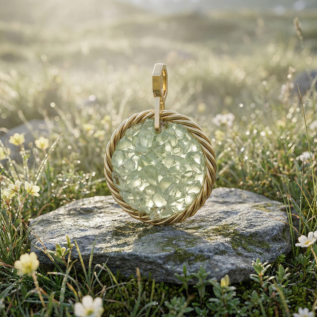 Amulet tensorowy z Prehnitem – Mosiądz pozłacany