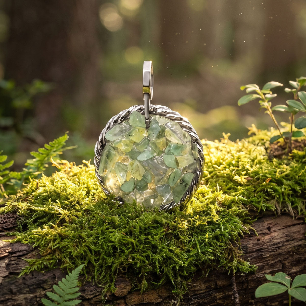 Amulet tensorowy z Prehnitem - Srebro 925 pokryte platyną