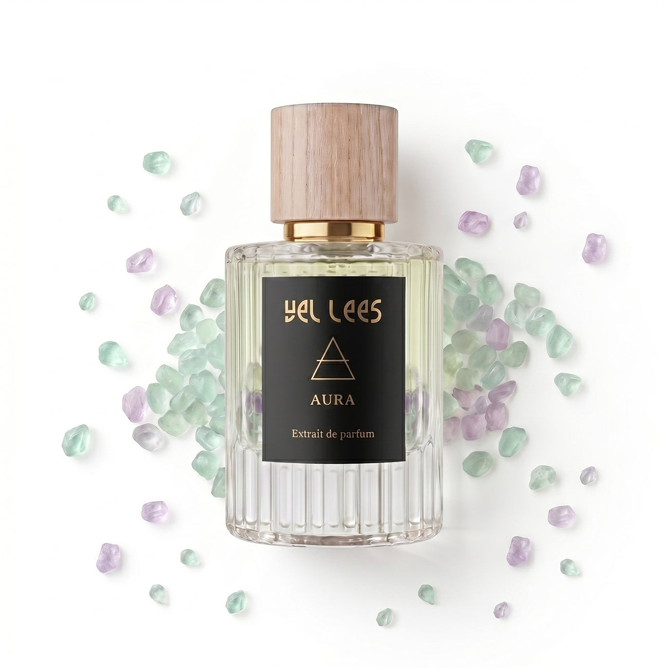 Perfumy VEL LEES Aura – Fluoryt, extrait de parfum 50 ml – minimalistyczny flakon z naturalnym korkiem, harmonijna kompozycja z nutami irysa, drzewa sandałowego i ambry o spokojnym, czystym charakterze. 