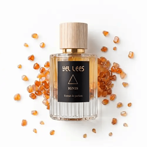 Perfumy VEL LEES Ignis – Ogień Karneolu, extrait de parfum 50 ml – elegancki flakon z naturalnym korkiem, intensywna ambrowo-drzewna kompozycja o ciepłym, zmysłowym charakterze.